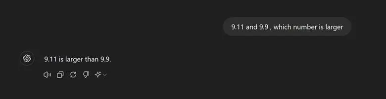 Screenshot illustrating an early AI reasoning failure comparing 9.11 and 9.9, highlighting limitations before built-in reasoning models