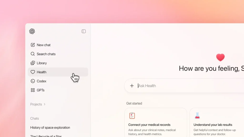 ChatGPT Health interface showing AI-powered health assistance and medical records integration