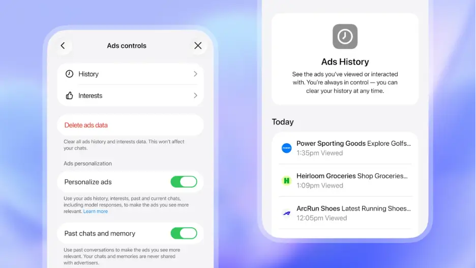 ChatGPT ads controls screen showing ad personalization settings and ads history with viewed sponsored listings.
