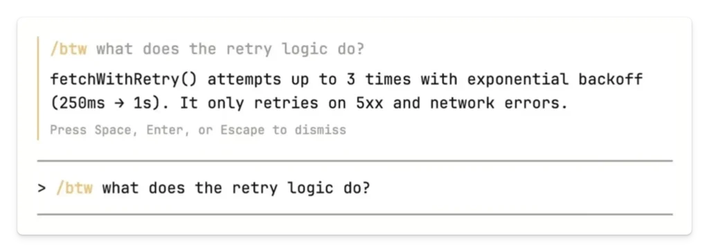 Claude Code /btw command overlay answering a quick coding question without interrupting workflow