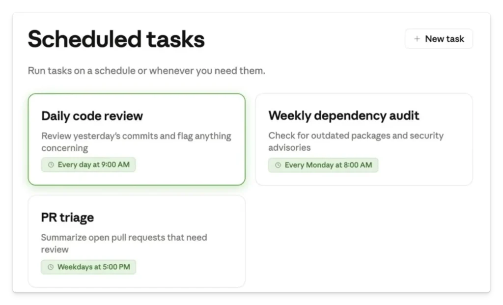 Claude Code scheduled tasks dashboard showing automated daily code review and dependency audit